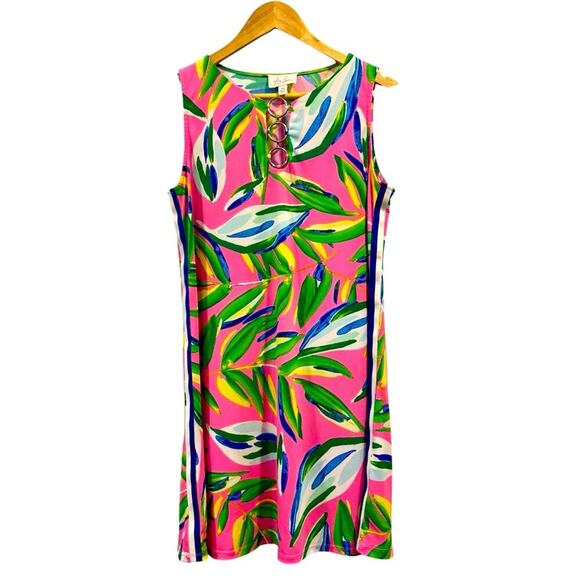 VINTAGE IVY LANE Tropical-Print Dress, Pink, Green and Blue, Size Medium petite - Picture 1 of 7
